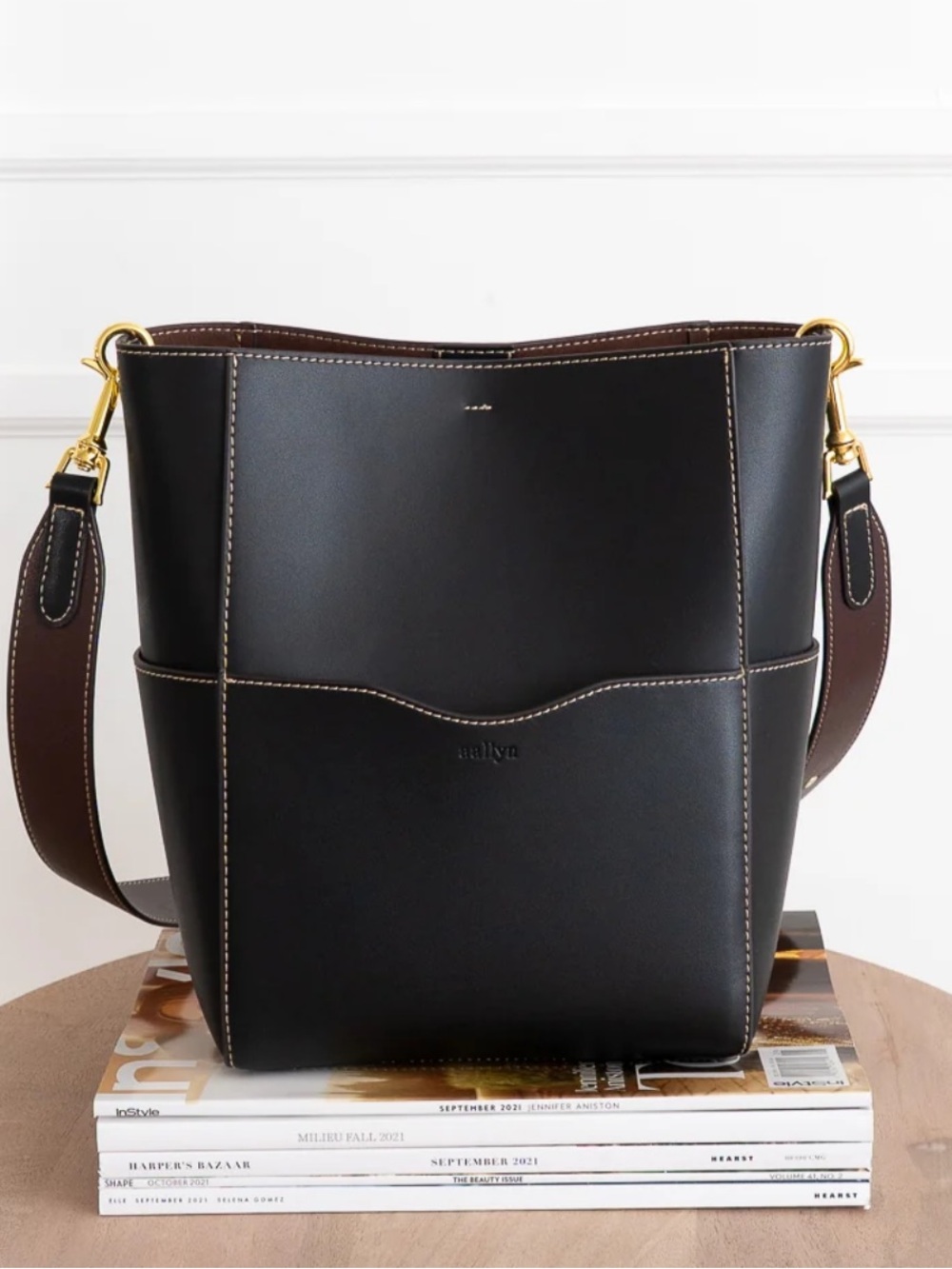Aallyn Jordan Bucket Bag leather bag black and gold daily essentials bag